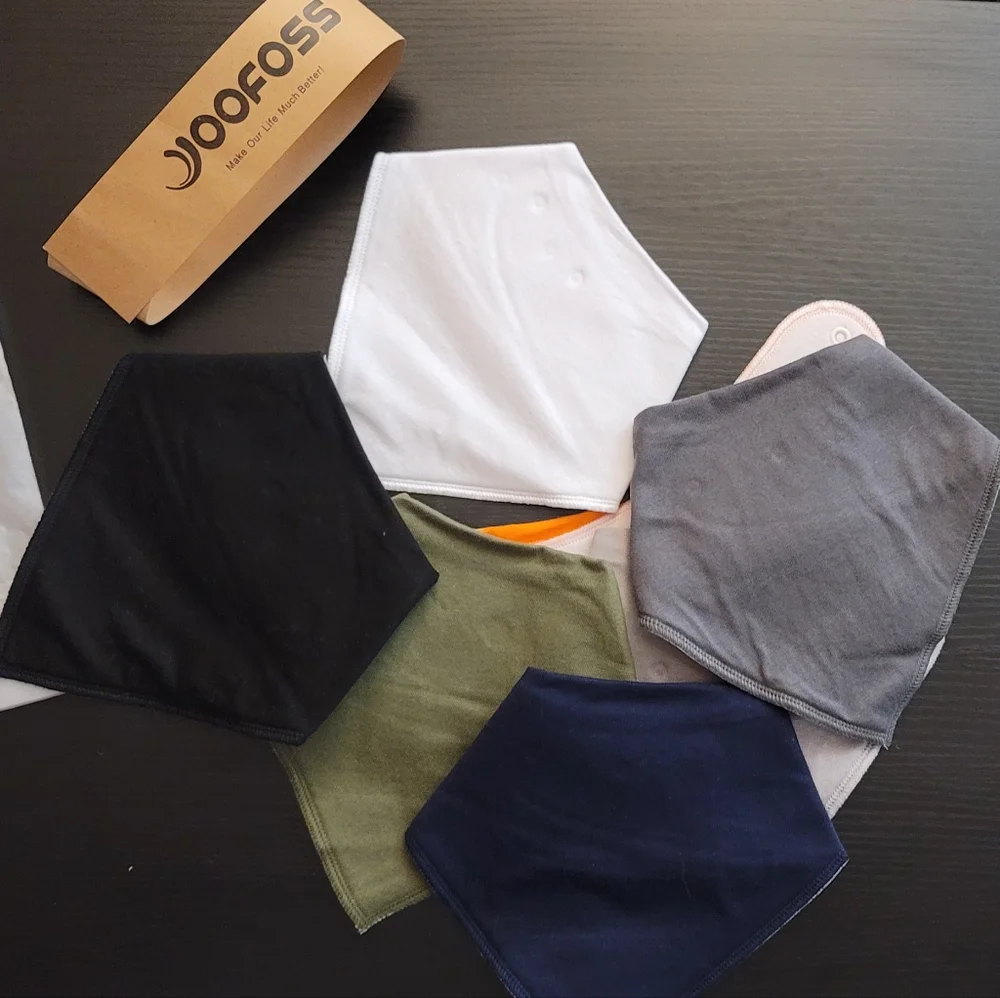 Yoofoos bibs 7 black gray blue white green orange Lt gray snaps cotton